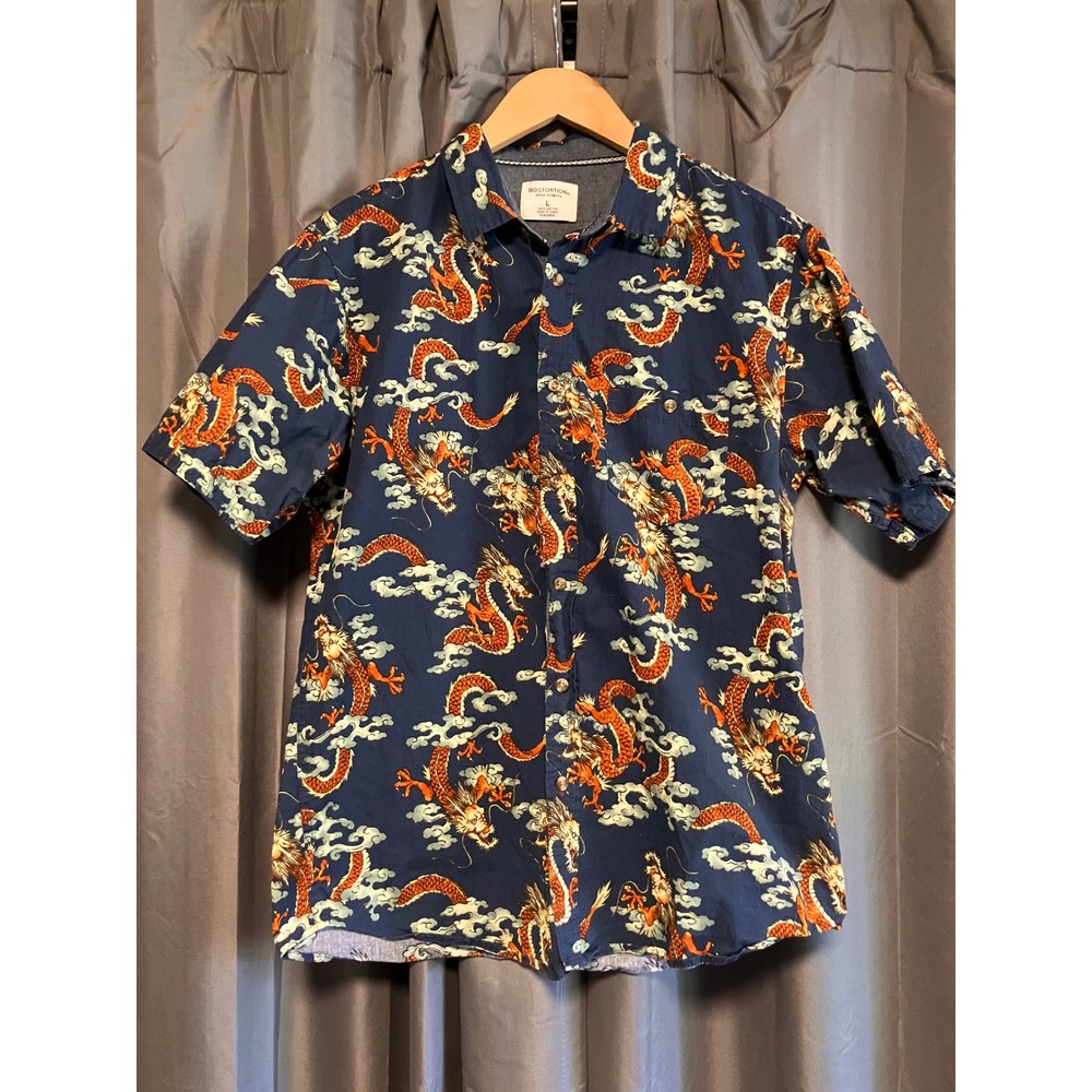 Distortion Button Down Shirt Mens L Navy Blue Dragon Print Short Sleeve Cotton
